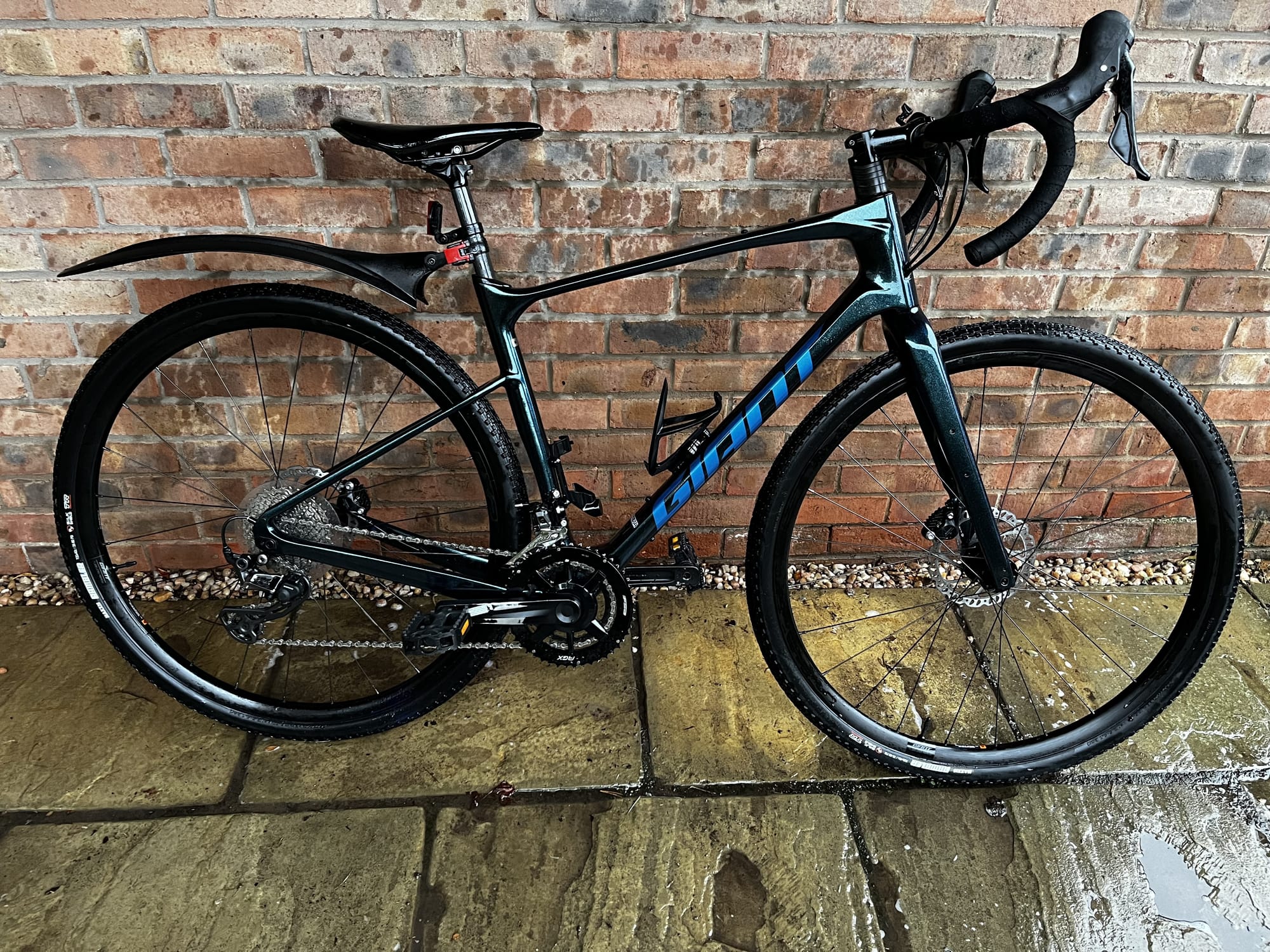 A black Giant Revolt gravel bike resting against a brick wall